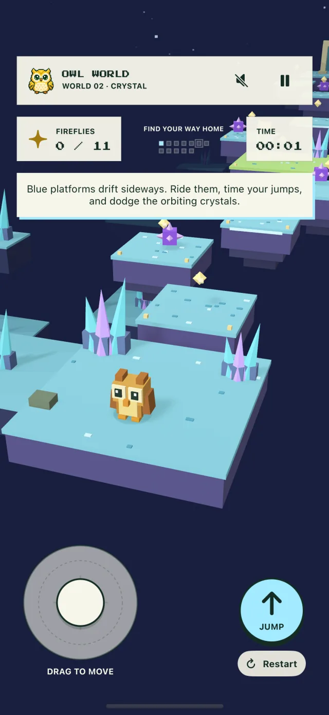 Crystal Caverns gameplay with glowing crystal platforms against a night sky