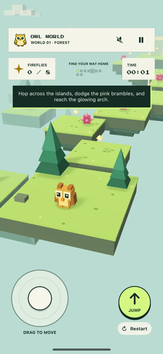 The owl standing on a grassy floating island in The Floating Forest with fireflies ahead