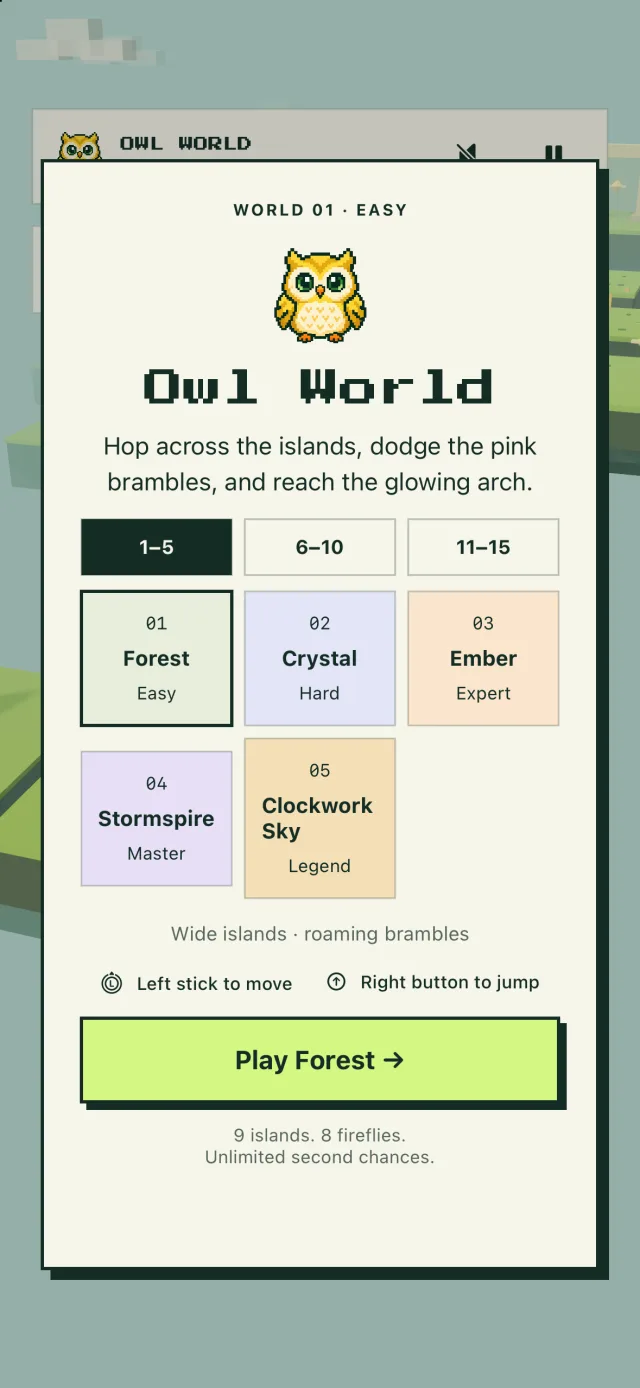 The world select screen showing chapter tabs and a Play Forest button